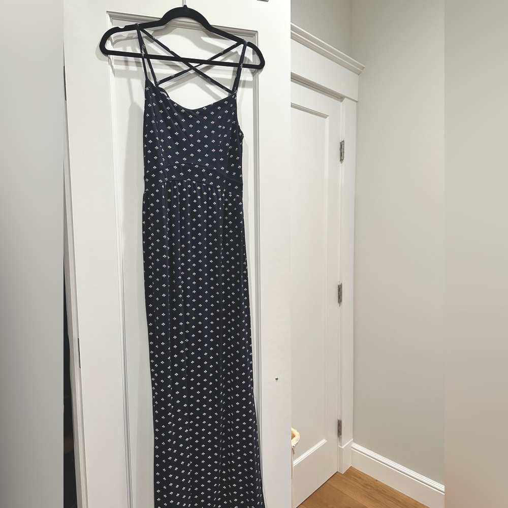 Navy and white maxi dress criss cross back